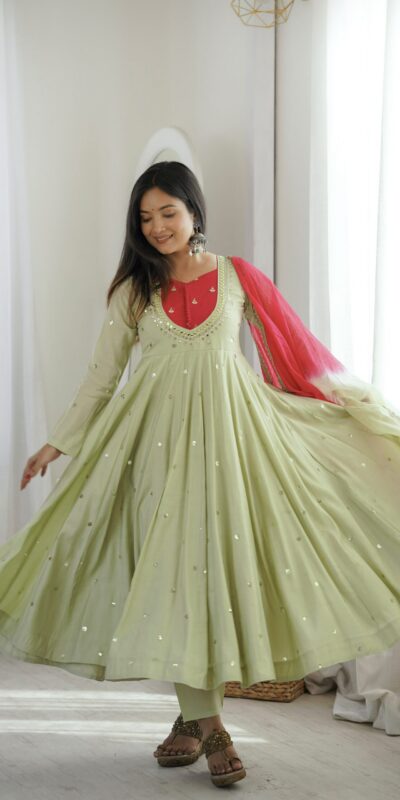 ZF 5023 Pista Roman Silk Gown with Mirror Work & Embroidery Work. Special Price ₹2099. Delivery 4-6 Working Days. Shop now. | Gowns, Bollywood Gowns, Creative Gowns, Designer Gowns, Embroidered Gowns, Party Wear Gowns