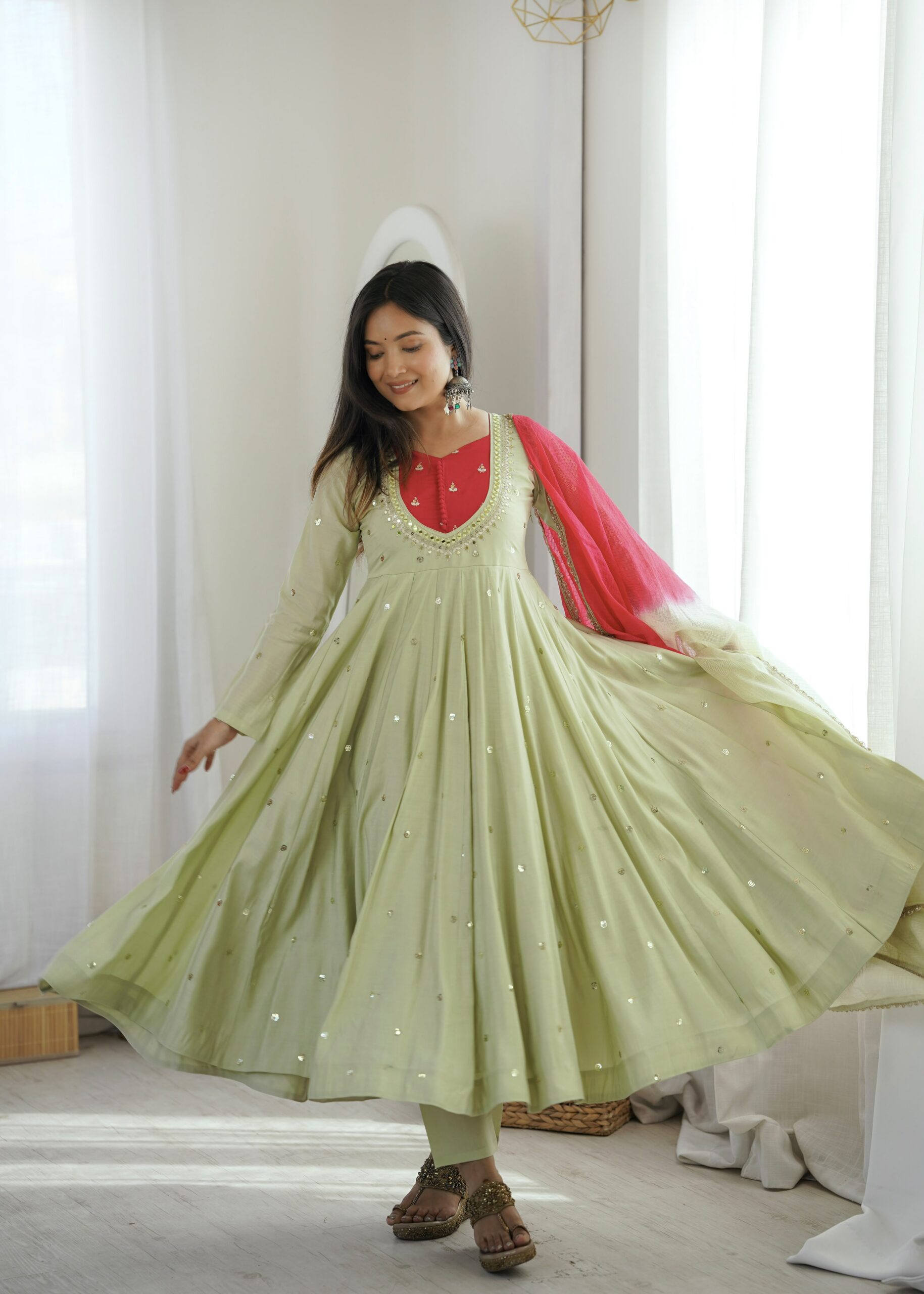 ZF 5023 Pista Roman Silk Gown with Mirror Work & Embroidery Work. Special Price ₹2099. Delivery 4-6 Working Days. Shop now. | Gowns, Bollywood Gowns, Creative Gowns, Designer Gowns, Embroidered Gowns, Party Wear Gowns