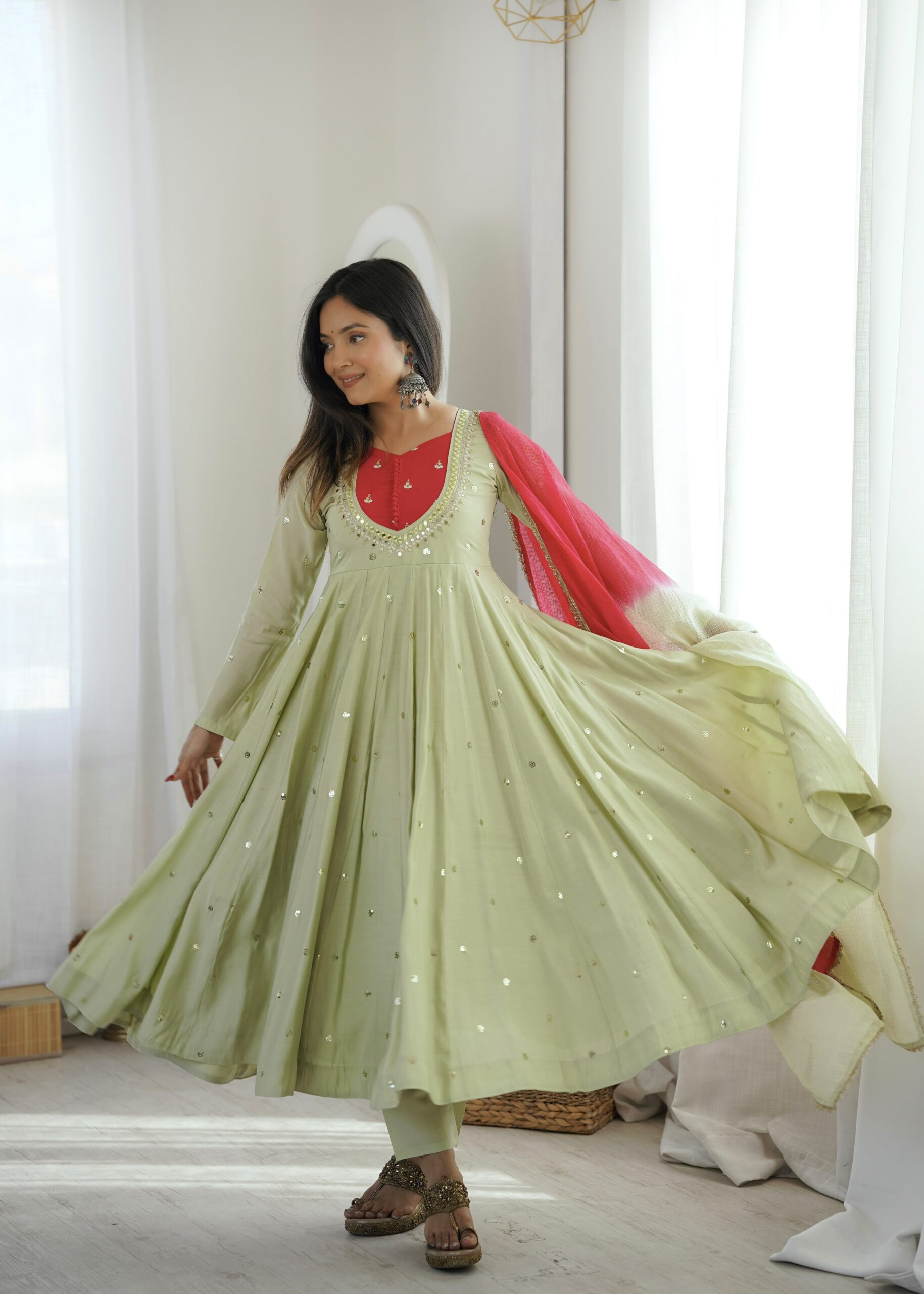 ZF 5023 Pista Roman Silk Gown with Mirror Work & Embroidery Work. Special Price ₹2099. Delivery 4-6 Working Days. Shop now. | Gowns, Bollywood Gowns, Creative Gowns, Designer Gowns, Embroidered Gowns, Party Wear Gowns