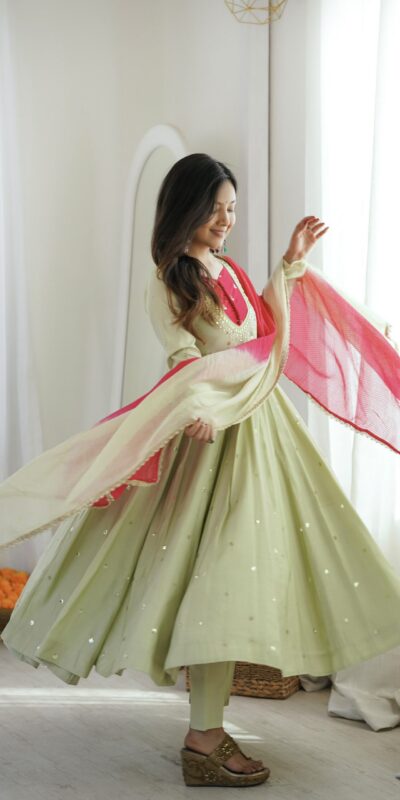 ZF 5023 Pista Roman Silk Gown with Mirror Work & Embroidery Work. Special Price ₹2099. Delivery 4-6 Working Days. Shop now. | Gowns, Bollywood Gowns, Creative Gowns, Designer Gowns, Embroidered Gowns, Party Wear Gowns