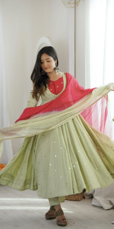ZF 5023 Pista Roman Silk Gown with Mirror Work & Embroidery Work. Special Price ₹2099. Delivery 4-6 Working Days. Shop now. | Gowns, Bollywood Gowns, Creative Gowns, Designer Gowns, Embroidered Gowns, Party Wear Gowns