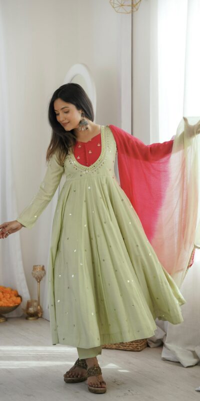 ZF 5023 Pista Roman Silk Gown with Mirror Work & Embroidery Work. Special Price ₹2099. Delivery 4-6 Working Days. Shop now. | Gowns, Bollywood Gowns, Creative Gowns, Designer Gowns, Embroidered Gowns, Party Wear Gowns