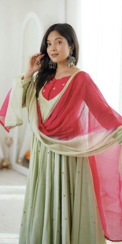 ZF 5023 Pista Roman Silk Gown with Mirror Work & Embroidery Work. Special Price ₹2099. Delivery 4-6 Working Days. Shop now. | Gowns, Bollywood Gowns, Creative Gowns, Designer Gowns, Embroidered Gowns, Party Wear Gowns