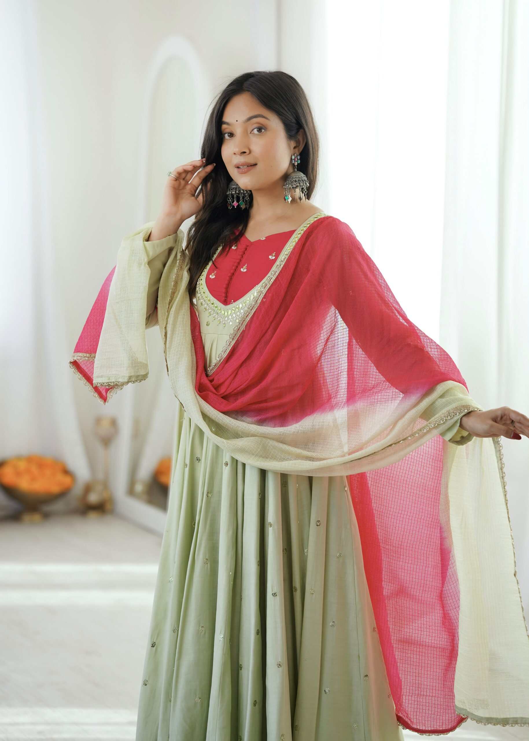 ZF 5023 Pista Roman Silk Gown with Mirror Work & Embroidery Work. Special Price ₹2099. Delivery 4-6 Working Days. Shop now. | Gowns, Bollywood Gowns, Creative Gowns, Designer Gowns, Embroidered Gowns, Party Wear Gowns