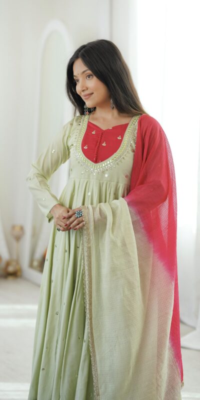 ZF 5023 Pista Roman Silk Gown with Mirror Work & Embroidery Work. Special Price ₹2099. Delivery 4-6 Working Days. Shop now. | Gowns, Bollywood Gowns, Creative Gowns, Designer Gowns, Embroidered Gowns, Party Wear Gowns