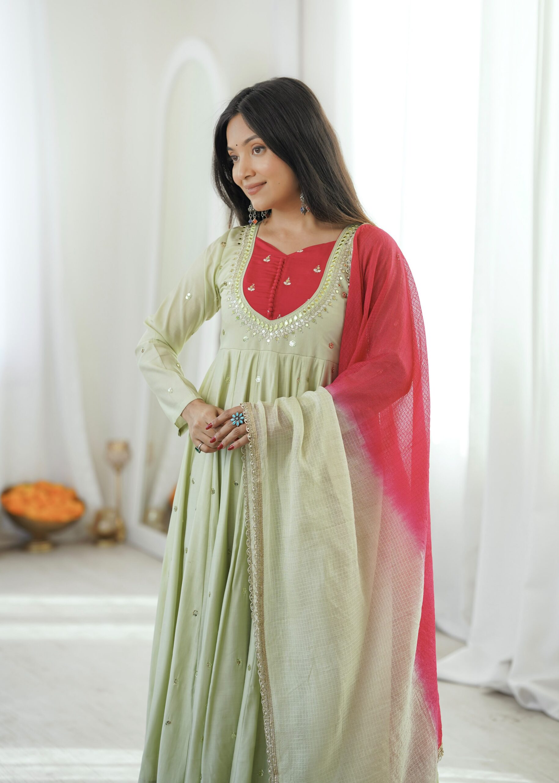 ZF 5023 Pista Roman Silk Gown with Mirror Work & Embroidery Work. Special Price ₹2099. Delivery 4-6 Working Days. Shop now. | Gowns, Bollywood Gowns, Creative Gowns, Designer Gowns, Embroidered Gowns, Party Wear Gowns
