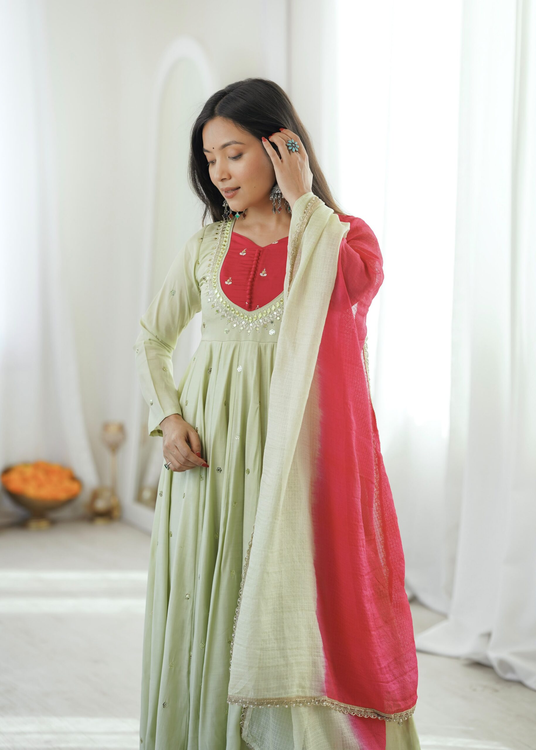 ZF 5023 Pista Roman Silk Gown with Mirror Work & Embroidery Work. Special Price ₹2099. Delivery 4-6 Working Days. Shop now. | Gowns, Bollywood Gowns, Creative Gowns, Designer Gowns, Embroidered Gowns, Party Wear Gowns