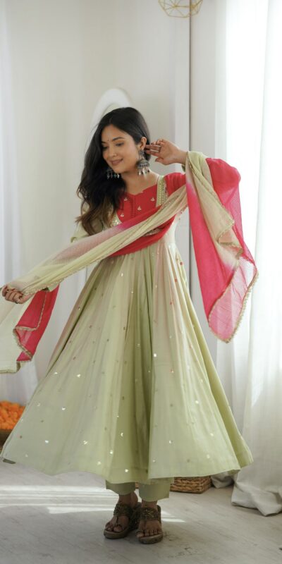 ZF 5023 Pista Roman Silk Gown with Mirror Work & Embroidery Work. Special Price ₹2099. Delivery 4-6 Working Days. Shop now. | Gowns, Bollywood Gowns, Creative Gowns, Designer Gowns, Embroidered Gowns, Party Wear Gowns