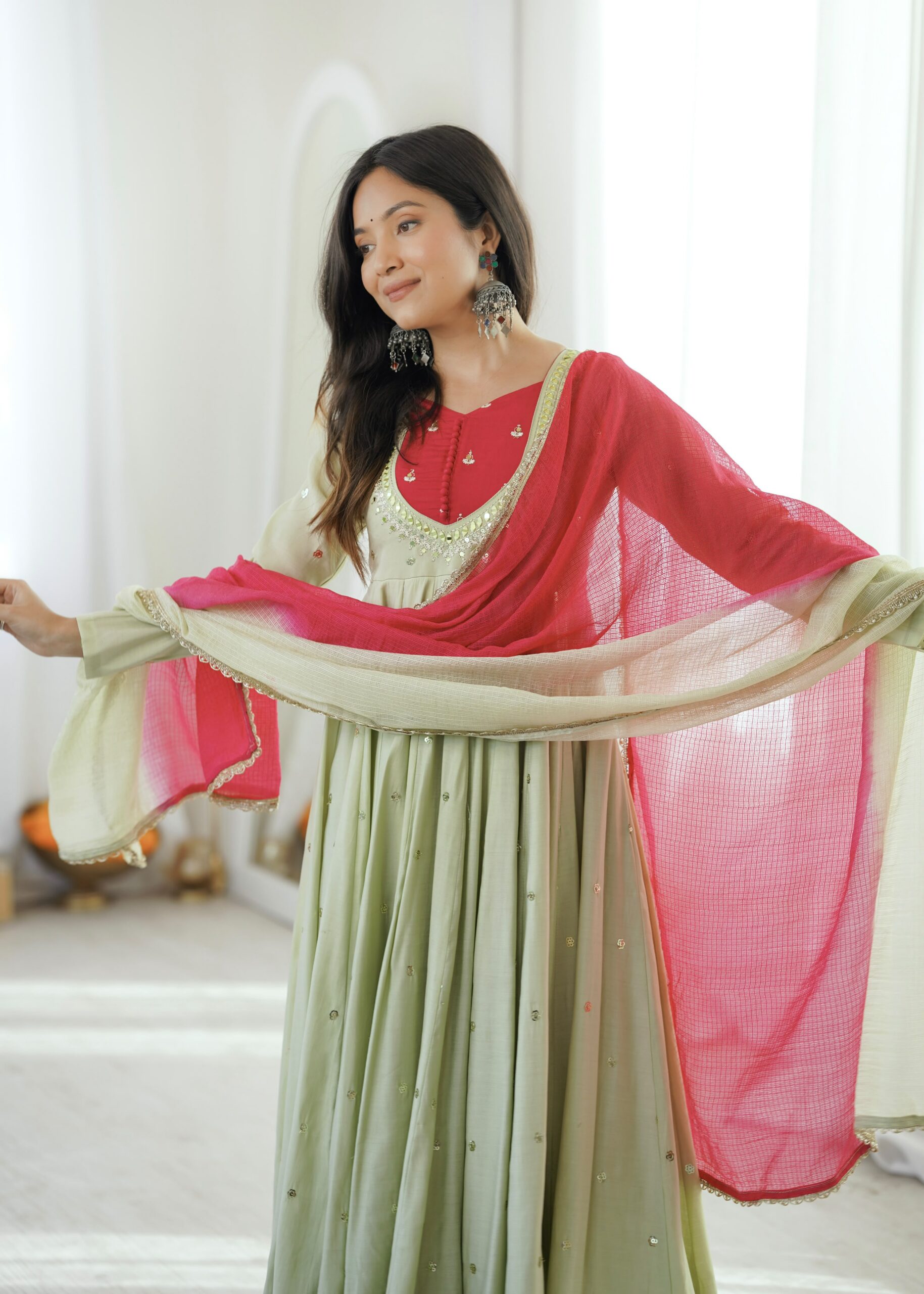ZF 5023 Pista Roman Silk Gown with Mirror Work & Embroidery Work. Special Price ₹2099. Delivery 4-6 Working Days. Shop now. | Gowns, Bollywood Gowns, Creative Gowns, Designer Gowns, Embroidered Gowns, Party Wear Gowns