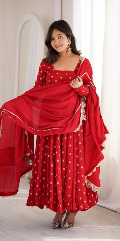 MF 534 Red Zari Work & Embroidery Work Salwar Suit in Red Chinon Silk. Grab it for ₹2499. Delivery 4-6 Working Days. Shop now. | Anarkali Suits, Bollywood Anarkali, Creative-Anarkali, Designer Anarkali, Embroidered Anarkali, Party Wear Anarkali, Salwar suit