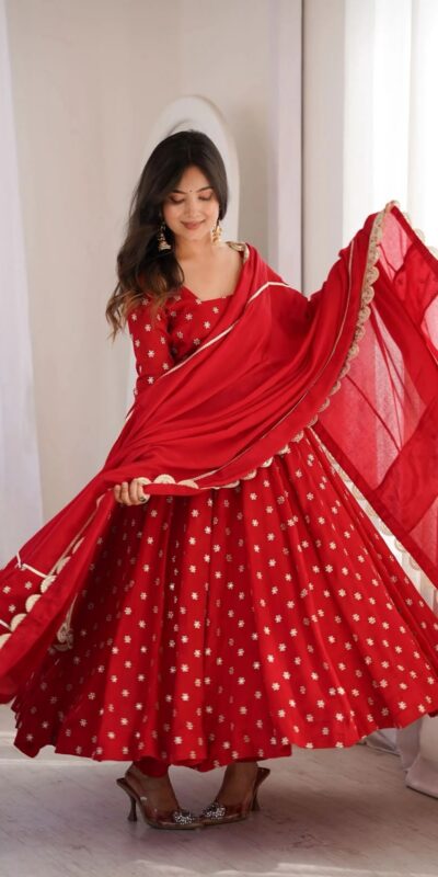 MF 534 Red Zari Work & Embroidery Work Salwar Suit in Red Chinon Silk. Grab it for ₹2499. Delivery 4-6 Working Days. Shop now. | Anarkali Suits, Bollywood Anarkali, Creative-Anarkali, Designer Anarkali, Embroidered Anarkali, Party Wear Anarkali, Salwar suit