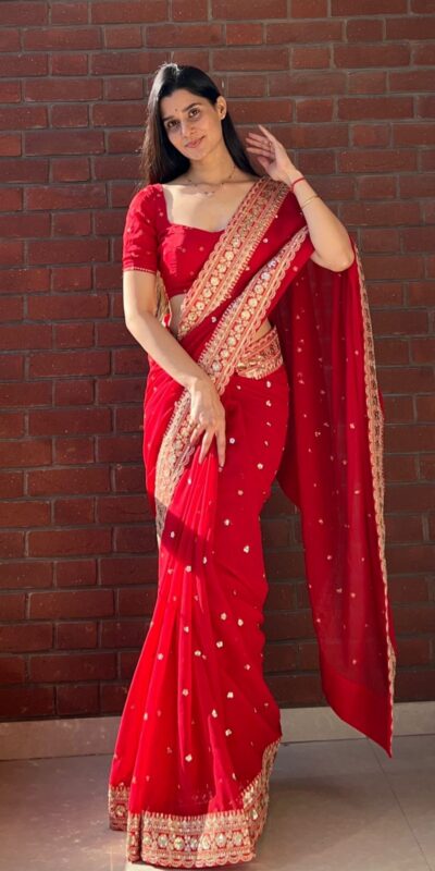 NC 5544 Red Color Georgette Saree with Embroidery Work & Lace Work. Special Price ₹1949. Delivery 4-6 Working Days. Shop now. | Sarees, Bollywood Sarees, Creative Sarees, Designer Sarees, Embroidered Sarees, Ethnic Saree, Modern Digital sarees, Party Wear Sarees
