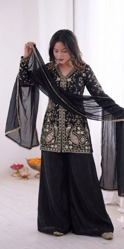 JF 043 Black Pure Fendy Silk Salwar Suitwith Embroidery Work & Sequins Work. Exclusive Offer ₹1940. Delivery 4-6 Working Days. Shop now. | Jump Suits, Salwar suit, Casual Suits, Creative suits, Designer Suits, Palazzo Suits, Party Wear Suits, Patiala Suits, Straight Suits