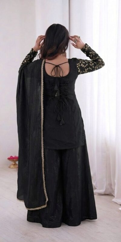 JF 043 Black Pure Fendy Silk Salwar Suitwith Embroidery Work & Sequins Work. Exclusive Offer ₹1940. Delivery 4-6 Working Days. Shop now. | Jump Suits, Salwar suit, Casual Suits, Creative suits, Designer Suits, Palazzo Suits, Party Wear Suits, Patiala Suits, Straight Suits