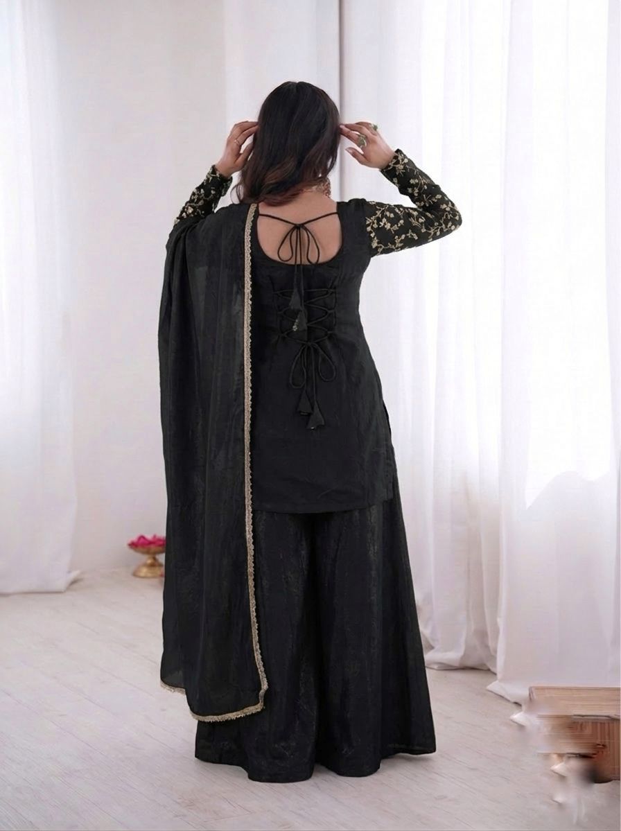 JF 043 Black Pure Fendy Silk Salwar Suitwith Embroidery Work & Sequins Work. Exclusive Offer ₹1940. Delivery 4-6 Working Days. Shop now. | Jump Suits, Salwar suit, Casual Suits, Creative suits, Designer Suits, Palazzo Suits, Party Wear Suits, Patiala Suits, Straight Suits