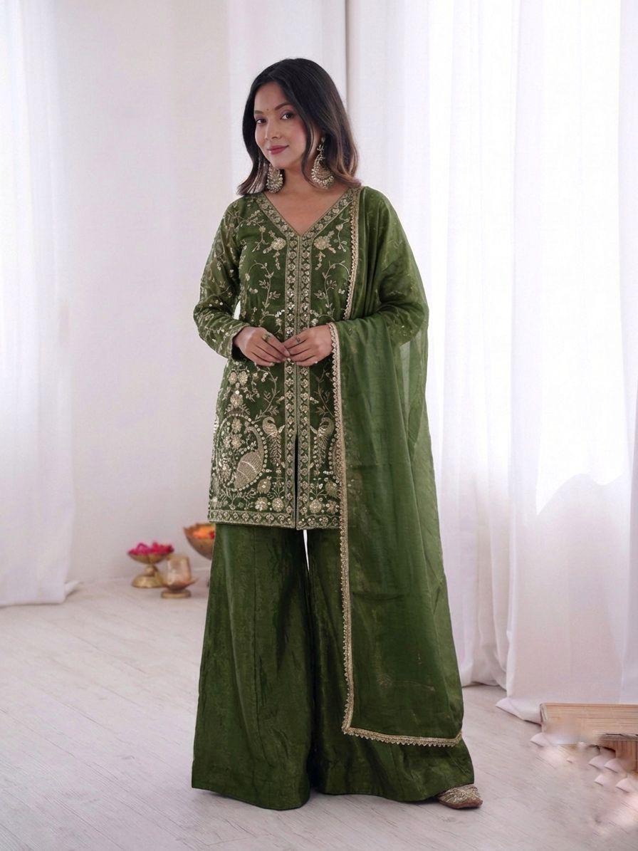 JF 043 Green Pure Fendy Silk Salwar Suitwith Embroidery Work & Sequins Work. Exclusive Offer ₹1940. Delivery 4-6 Working Days. Shop now. | Jump Suits, Salwar suit, Casual Suits, Creative suits, Designer Suits, Palazzo Suits, Party Wear Suits, Patiala Suits, Straight Suits