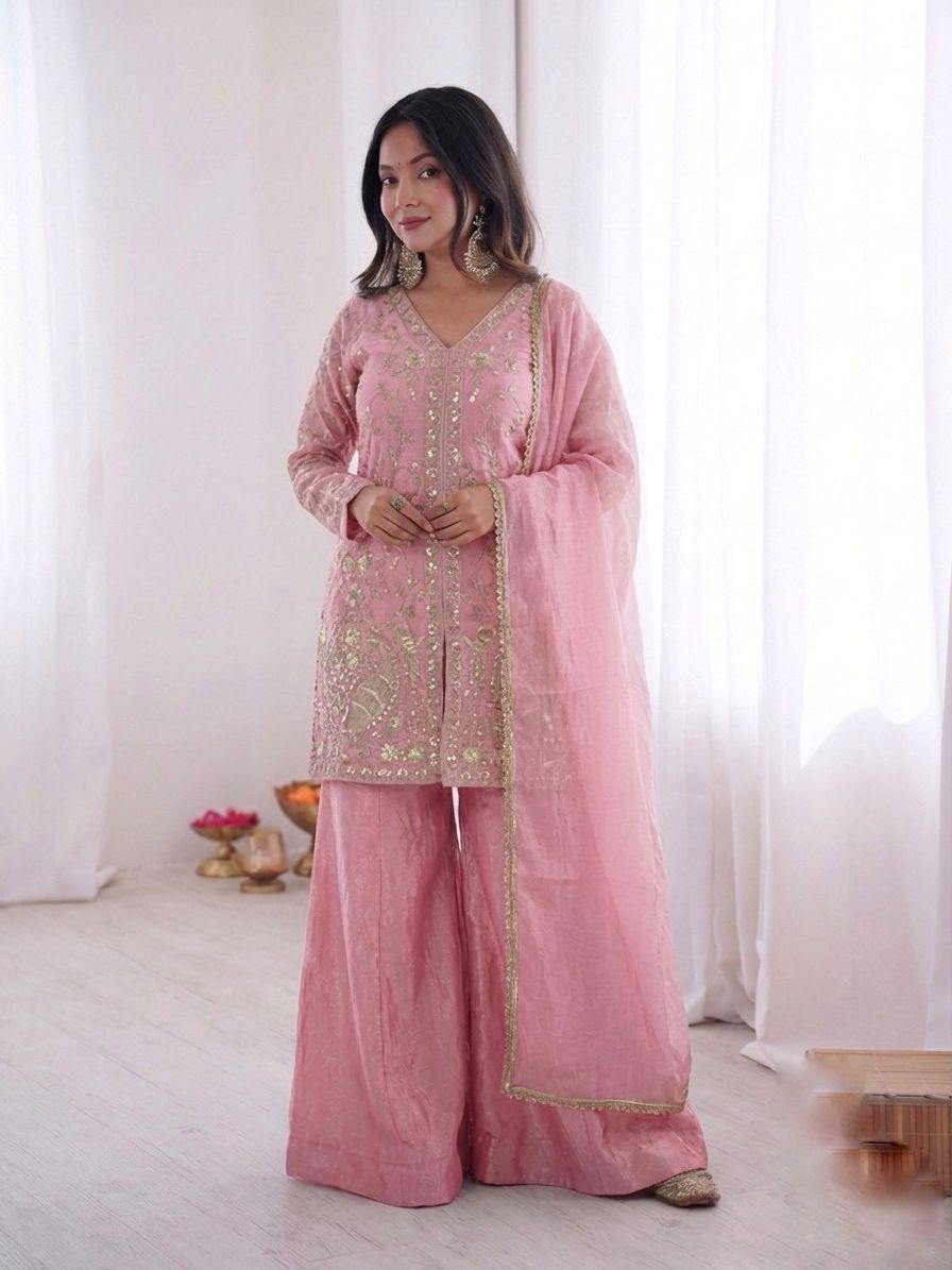 JF 043 Light Pink Pure Fendy Silk Salwar Suitwith Embroidery Work & Sequins Work. Exclusive Offer ₹1940. Delivery 4-6 Working Days. Shop now. | Jump Suits, Salwar suit, Casual Suits, Creative suits, Designer Suits, Palazzo Suits, Party Wear Suits, Patiala Suits, Straight Suits