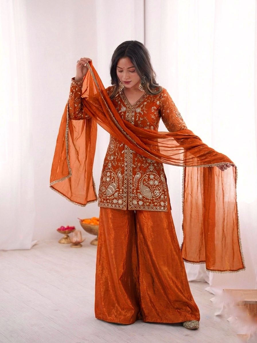 JF 043 Orange Pure Fendy Silk Salwar Suitwith Embroidery Work & Sequins Work. Exclusive Offer ₹1940. Delivery 4-6 Working Days. Shop now. | Jump Suits, Salwar suit, Casual Suits, Creative suits, Designer Suits, Palazzo Suits, Party Wear Suits, Patiala Suits, Straight Suits