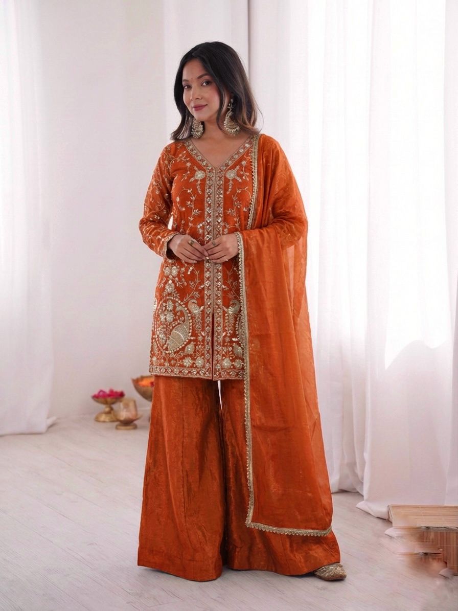 JF 043 Orange Pure Fendy Silk Salwar Suitwith Embroidery Work & Sequins Work. Exclusive Offer ₹1940. Delivery 4-6 Working Days. Shop now. | Jump Suits, Salwar suit, Casual Suits, Creative suits, Designer Suits, Palazzo Suits, Party Wear Suits, Patiala Suits, Straight Suits