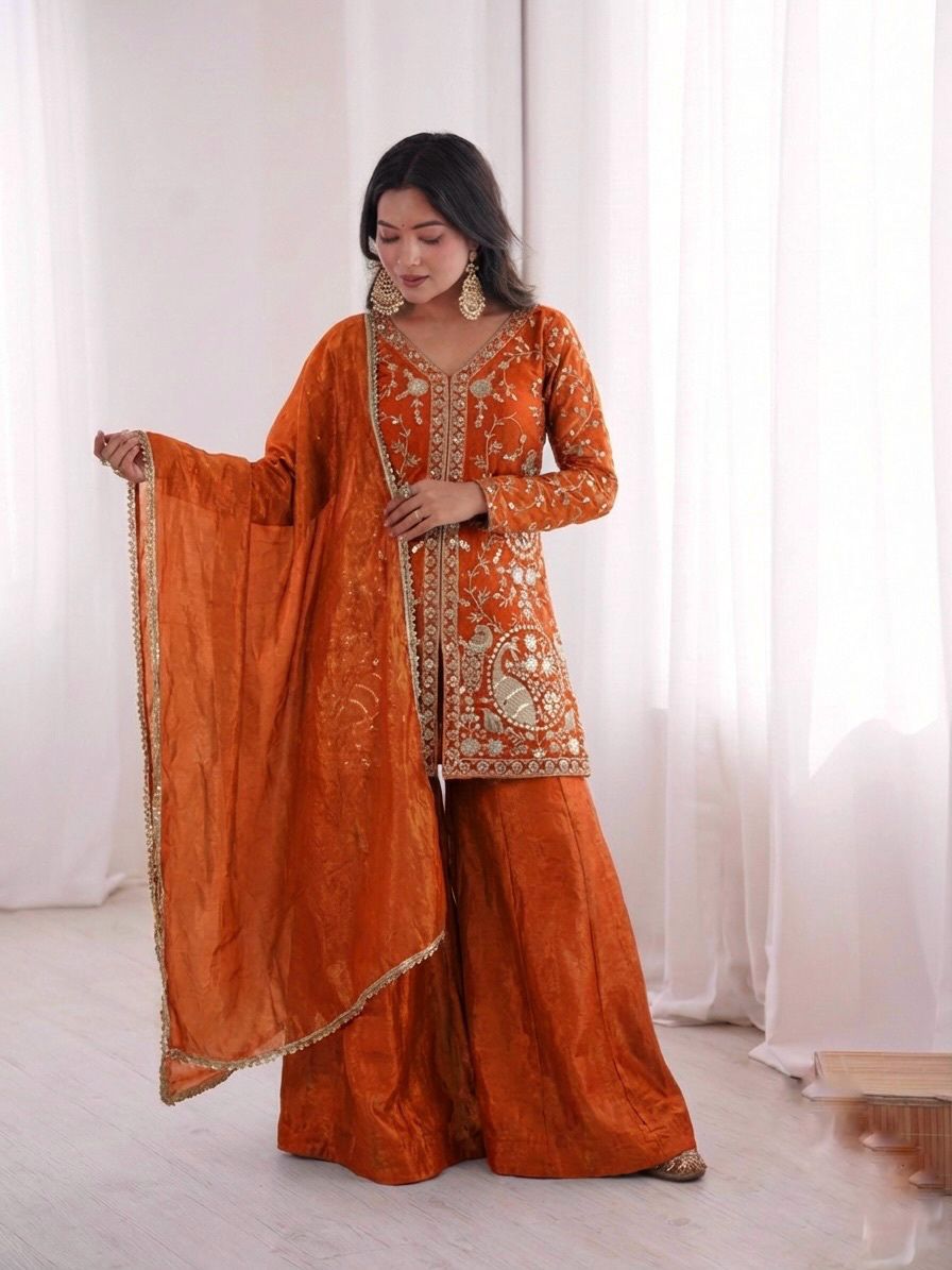 JF 043 Orange Pure Fendy Silk Salwar Suitwith Embroidery Work & Sequins Work. Exclusive Offer ₹1940. Delivery 4-6 Working Days. Shop now. | Jump Suits, Salwar suit, Casual Suits, Creative suits, Designer Suits, Palazzo Suits, Party Wear Suits, Patiala Suits, Straight Suits