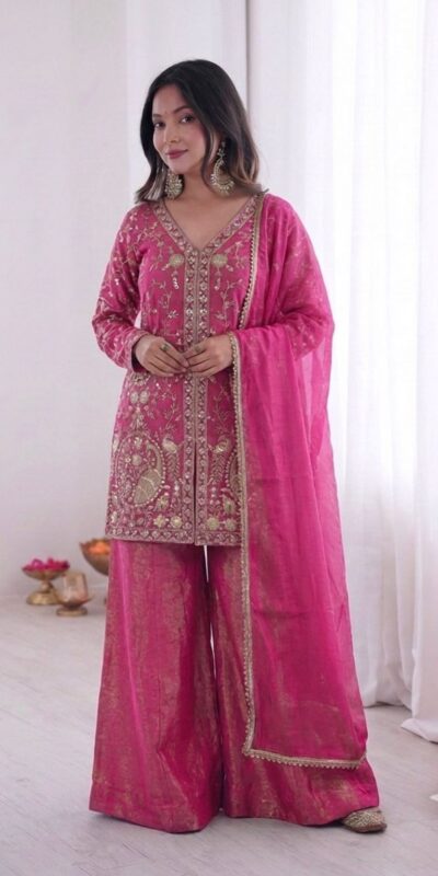 JF 043 Rani Pink Pure Fendy Silk Salwar Suitwith Embroidery Work & Sequins Work. Exclusive Offer ₹1940. Delivery 4-6 Working Days. Shop now. | Jump Suits, Salwar suit, Casual Suits, Creative suits, Designer Suits, Palazzo Suits, Party Wear Suits, Patiala Suits, Straight Suits