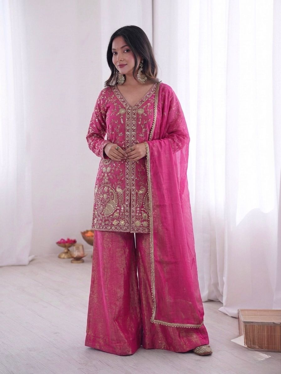 JF 043 Rani Pink Pure Fendy Silk Salwar Suitwith Embroidery Work & Sequins Work. Exclusive Offer ₹1940. Delivery 4-6 Working Days. Shop now. | Jump Suits, Salwar suit, Casual Suits, Creative suits, Designer Suits, Palazzo Suits, Party Wear Suits, Patiala Suits, Straight Suits