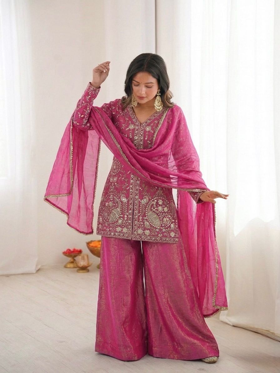 JF 043 Rani Pink Pure Fendy Silk Salwar Suitwith Embroidery Work & Sequins Work. Exclusive Offer ₹1940. Delivery 4-6 Working Days. Shop now. | Jump Suits, Salwar suit, Casual Suits, Creative suits, Designer Suits, Palazzo Suits, Party Wear Suits, Patiala Suits, Straight Suits