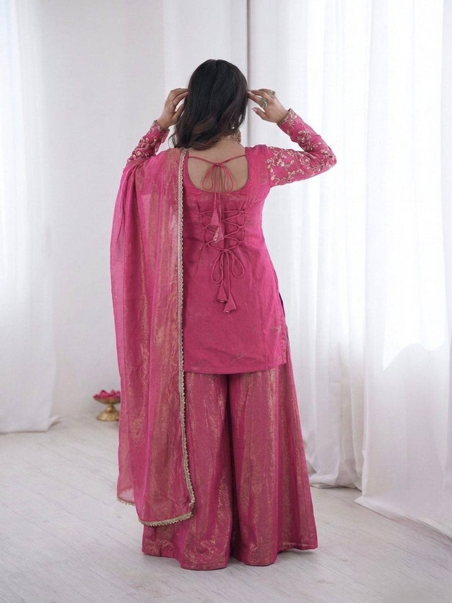 JF 043 Rani Pink Pure Fendy Silk Salwar Suitwith Embroidery Work & Sequins Work. Exclusive Offer ₹1940. Delivery 4-6 Working Days. Shop now. | Jump Suits, Salwar suit, Casual Suits, Creative suits, Designer Suits, Palazzo Suits, Party Wear Suits, Patiala Suits, Straight Suits