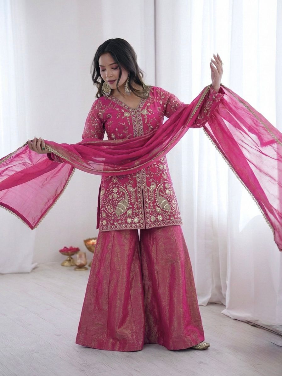JF 043 Rani Pink Pure Fendy Silk Salwar Suitwith Embroidery Work & Sequins Work. Exclusive Offer ₹1940. Delivery 4-6 Working Days. Shop now. | Jump Suits, Salwar suit, Casual Suits, Creative suits, Designer Suits, Palazzo Suits, Party Wear Suits, Patiala Suits, Straight Suits