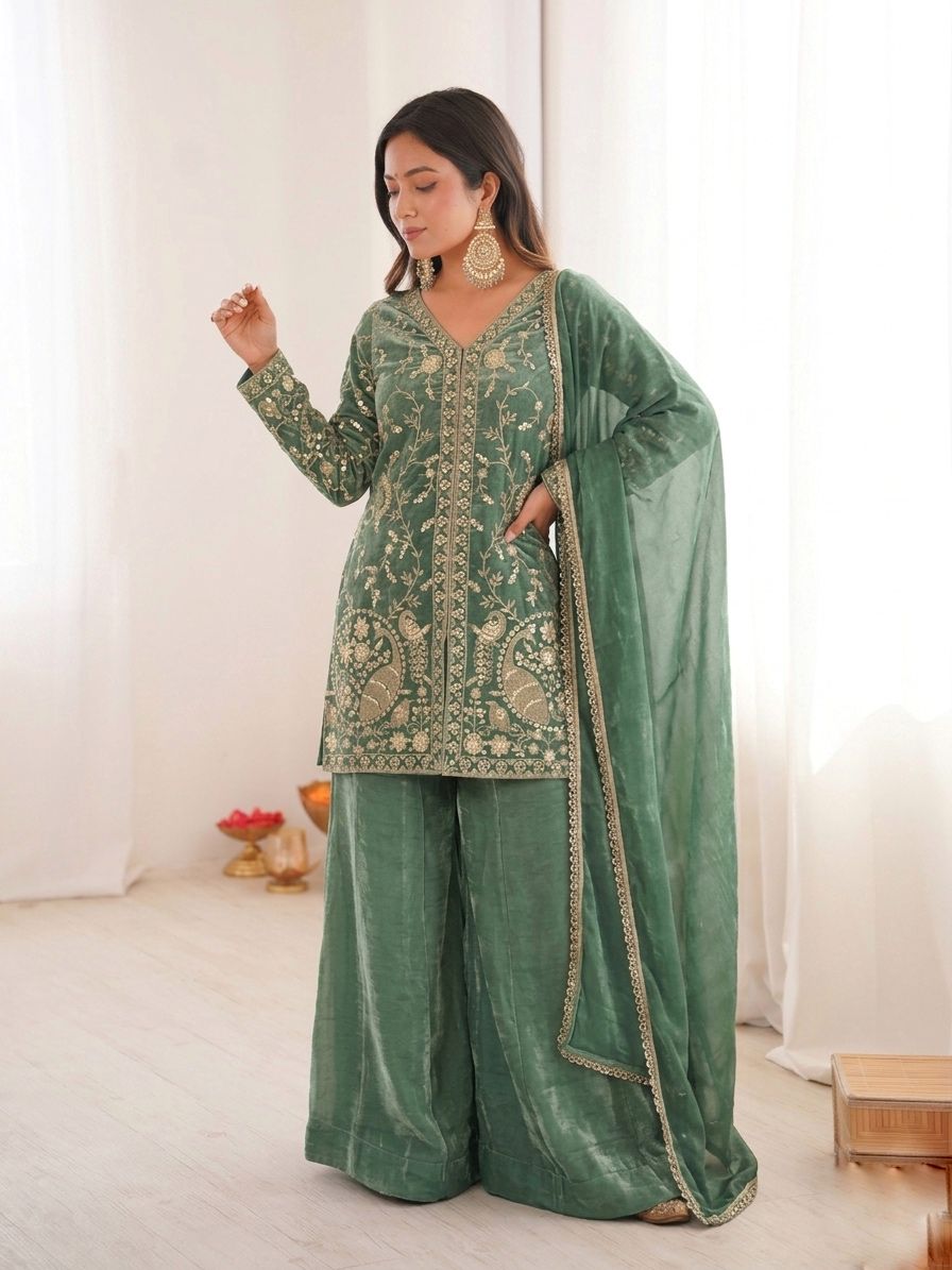 JF 043 Sea Green Pure Fendy Silk Salwar Suitwith Embroidery Work & Sequins Work. Exclusive Offer ₹1940. Delivery 4-6 Working Days. Shop now. | Jump Suits, Salwar suit, Casual Suits, Creative suits, Designer Suits, Palazzo Suits, Party Wear Suits, Patiala Suits, Straight Suits