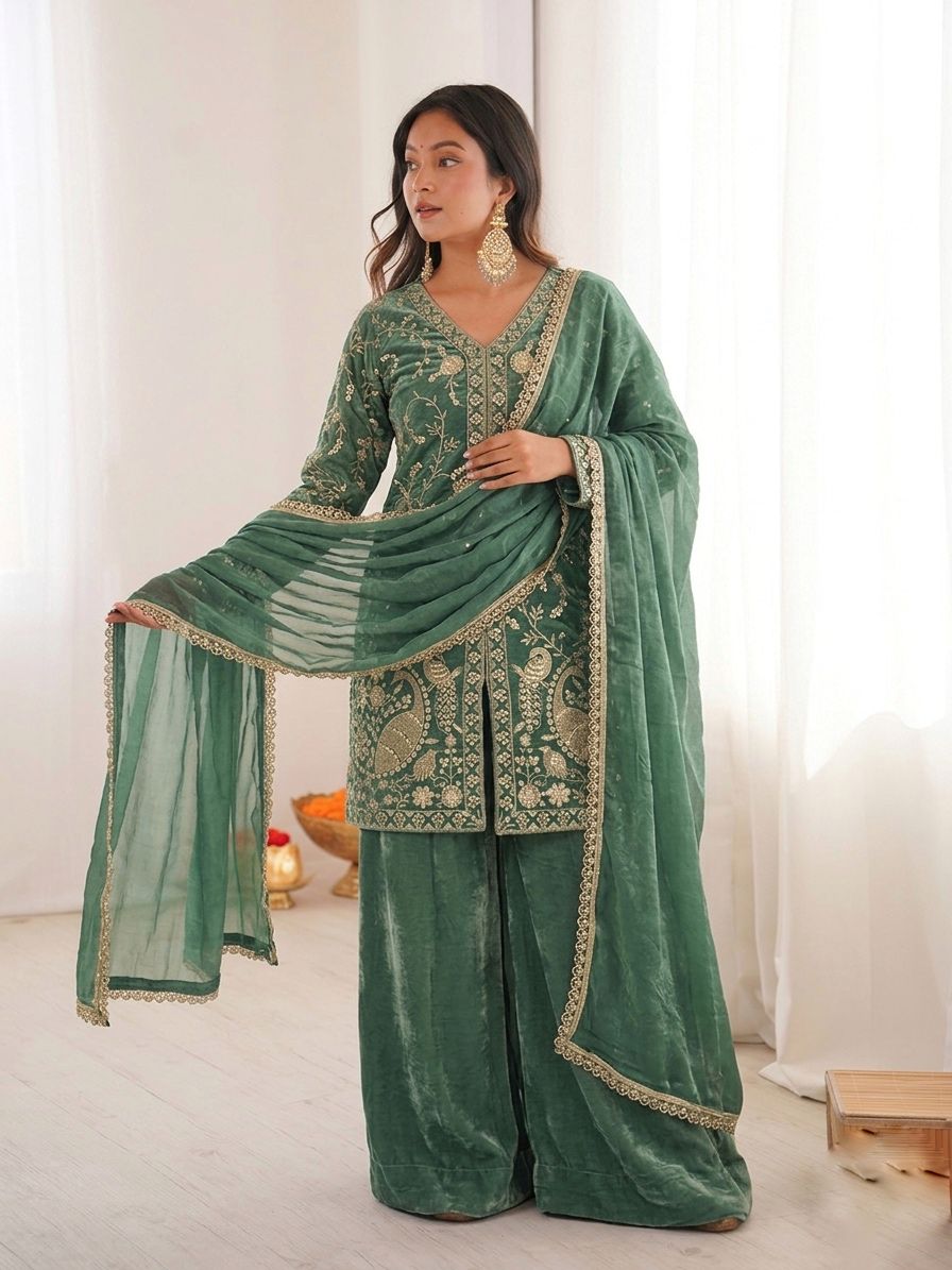 JF 043 Sea Green Pure Fendy Silk Salwar Suitwith Embroidery Work & Sequins Work. Exclusive Offer ₹1940. Delivery 4-6 Working Days. Shop now. | Jump Suits, Salwar suit, Casual Suits, Creative suits, Designer Suits, Palazzo Suits, Party Wear Suits, Patiala Suits, Straight Suits