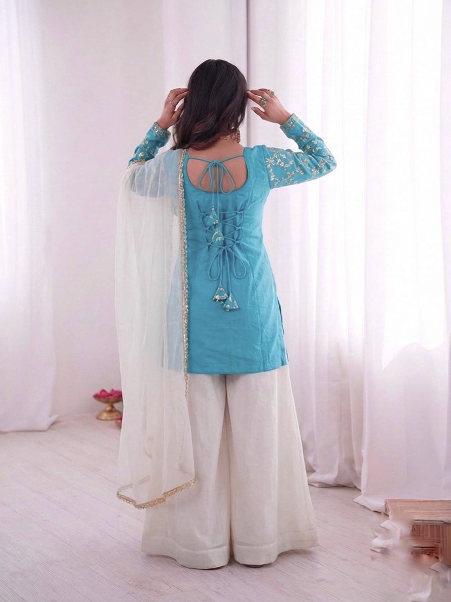 JF 043 Sky Blue Pure Fendy Silk Salwar Suitwith Embroidery Work & Sequins Work. Exclusive Offer ₹1940. Delivery 4-6 Working Days. Shop now. | Jump Suits, Salwar suit, Casual Suits, Creative suits, Designer Suits, Palazzo Suits, Party Wear Suits, Patiala Suits, Straight Suits