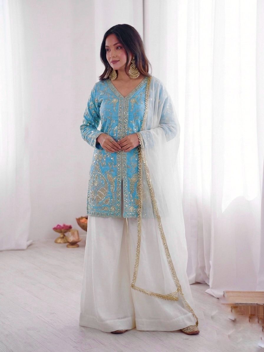 JF 043 Sky Blue Pure Fendy Silk Salwar Suitwith Embroidery Work & Sequins Work. Exclusive Offer ₹1940. Delivery 4-6 Working Days. Shop now. | Jump Suits, Salwar suit, Casual Suits, Creative suits, Designer Suits, Palazzo Suits, Party Wear Suits, Patiala Suits, Straight Suits