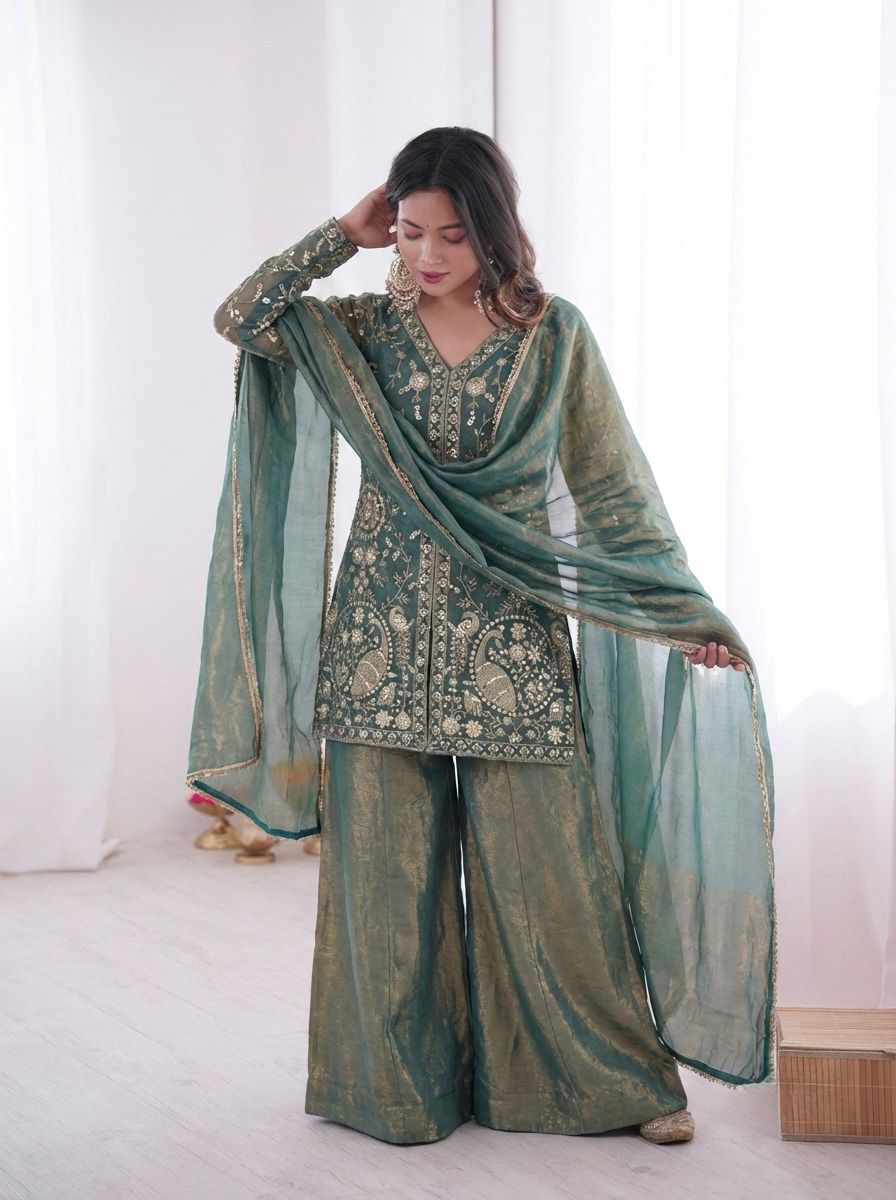 JF 043 Teal Pure Fendy Silk Salwar Suitwith Embroidery Work & Sequins Work. Exclusive Offer ₹1940. Delivery 4-6 Working Days. Shop now. | Jump Suits, Salwar suit, Casual Suits, Creative suits, Designer Suits, Palazzo Suits, Party Wear Suits, Patiala Suits, Straight Suits