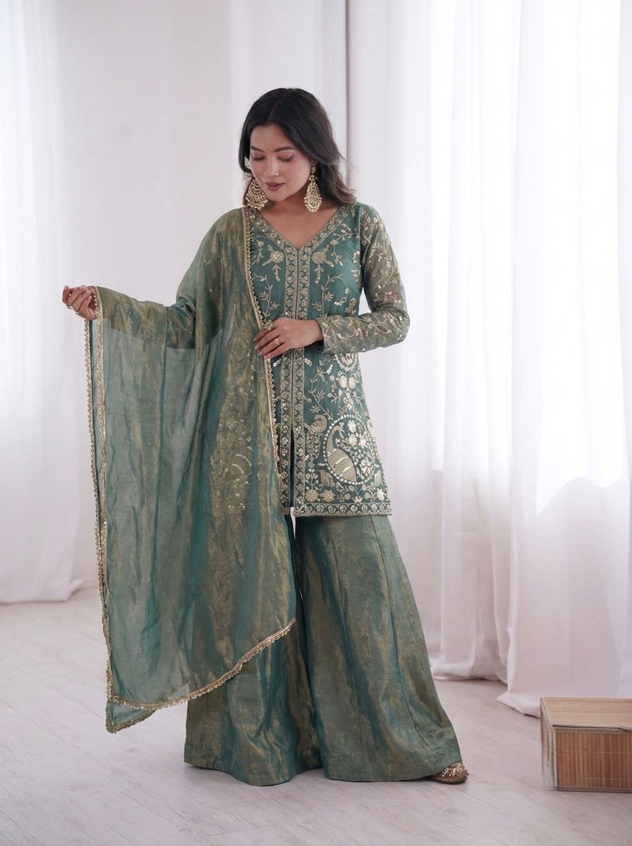 JF 043 Teal Pure Fendy Silk Salwar Suitwith Embroidery Work & Sequins Work. Exclusive Offer ₹1940. Delivery 4-6 Working Days. Shop now. | Jump Suits, Salwar suit, Casual Suits, Creative suits, Designer Suits, Palazzo Suits, Party Wear Suits, Patiala Suits, Straight Suits