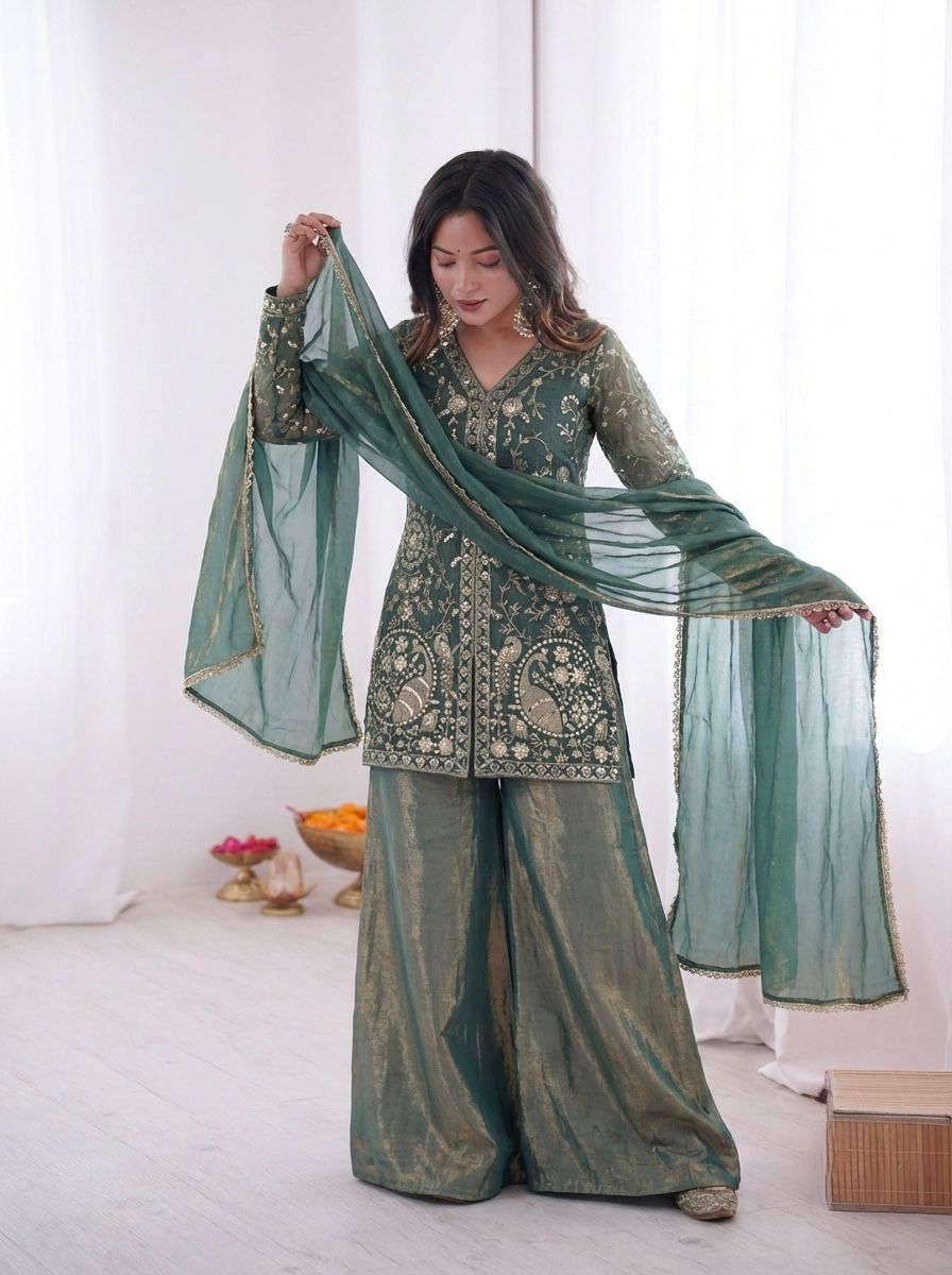 JF 043 Teal Pure Fendy Silk Salwar Suitwith Embroidery Work & Sequins Work. Exclusive Offer ₹1940. Delivery 4-6 Working Days. Shop now. | Jump Suits, Salwar suit, Casual Suits, Creative suits, Designer Suits, Palazzo Suits, Party Wear Suits, Patiala Suits, Straight Suits