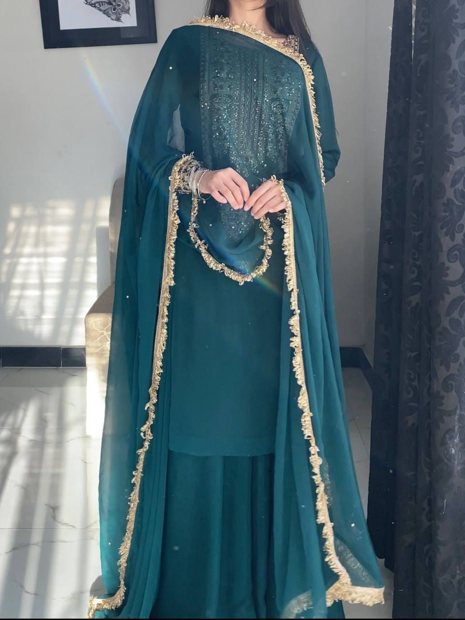ZC 8021 Teal Fox Georgette Salwar Suit with Embroidery Work & Sequins Work. Exclusive Offer ₹2099. Delivery 4-6 Working Days. Shop now. | Jump Suits, Salwar suit, Casual Suits, Creative suits, Designer Suits, Palazzo Suits, Party Wear Suits, Patiala Suits, Straight Suits