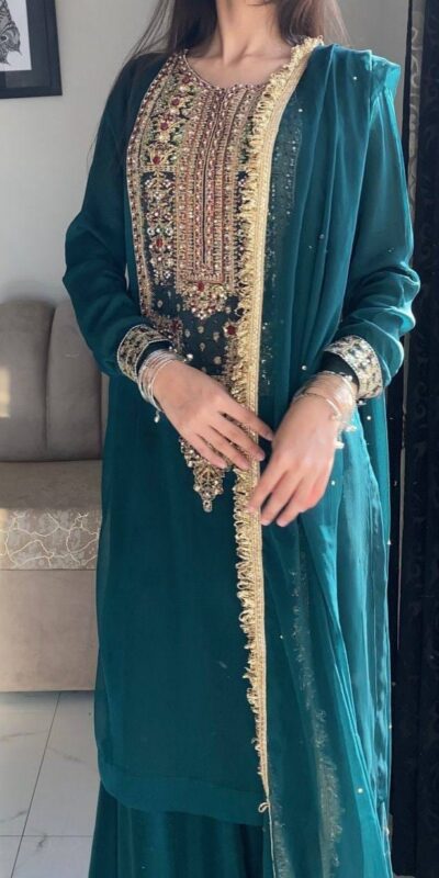ZC 8021 Teal Fox Georgette Salwar Suit with Embroidery Work & Sequins Work. Exclusive Offer ₹2099. Delivery 4-6 Working Days. Shop now. | Jump Suits, Salwar suit, Casual Suits, Creative suits, Designer Suits, Palazzo Suits, Party Wear Suits, Patiala Suits, Straight Suits