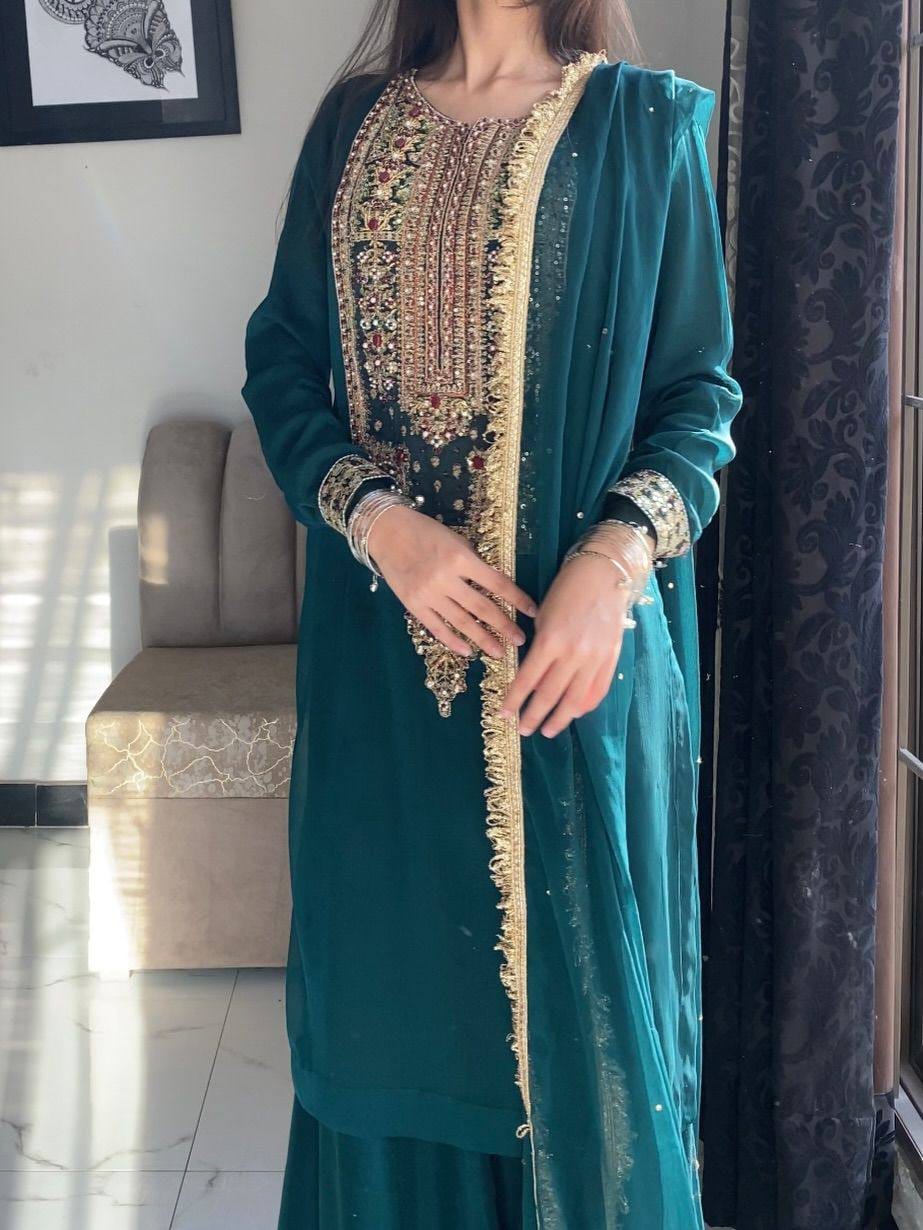 ZC 8021 Teal Fox Georgette Salwar Suit with Embroidery Work & Sequins Work. Exclusive Offer ₹2099. Delivery 4-6 Working Days. Shop now. | Jump Suits, Salwar suit, Casual Suits, Creative suits, Designer Suits, Palazzo Suits, Party Wear Suits, Patiala Suits, Straight Suits