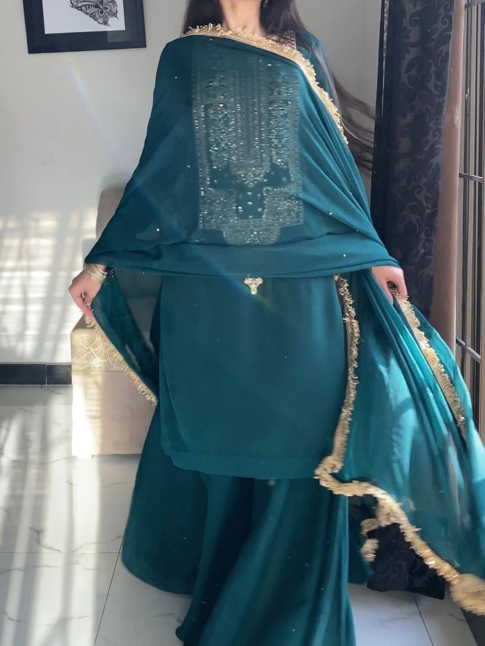 ZC 8021 Teal Fox Georgette Salwar Suit with Embroidery Work & Sequins Work. Exclusive Offer ₹2099. Delivery 4-6 Working Days. Shop now. | Jump Suits, Salwar suit, Casual Suits, Creative suits, Designer Suits, Palazzo Suits, Party Wear Suits, Patiala Suits, Straight Suits