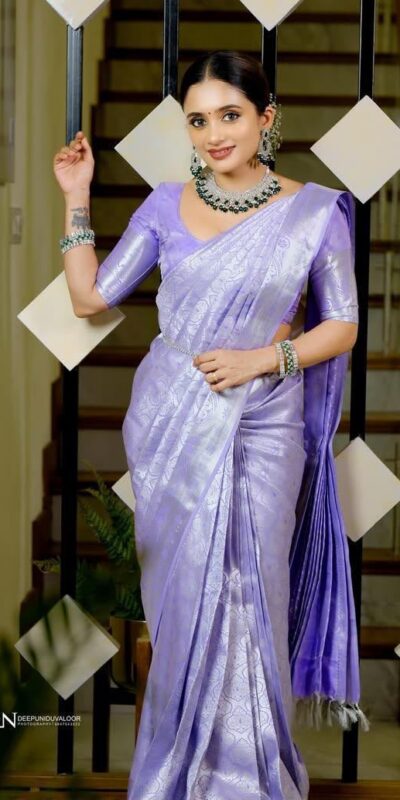 KPR 259 Lavender Soft Lichi Silk Saree with Lace Work & Lace Border. Introductory Price ₹1349. Delivery 4-6 Working Days. Shop now. | Sarees, Bollywood Sarees, Creative Sarees, Designer Sarees, Embroidered Sarees, Ethnic Saree, Modern Digital sarees, Party Wear Sarees