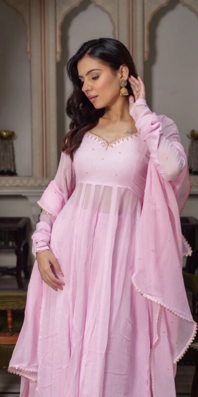 KD 1636 Light Pink | Faux Georgette Salwar Suit with Lace Work & Digital Print. Introductory Price ₹1999. Delivery 4-6 Working Days. Shop now. | Anarkali Suits, Bollywood Anarkali, Creative-Anarkali, Designer Anarkali, Embroidered Anarkali, Party Wear Anarkali, Salwar suit