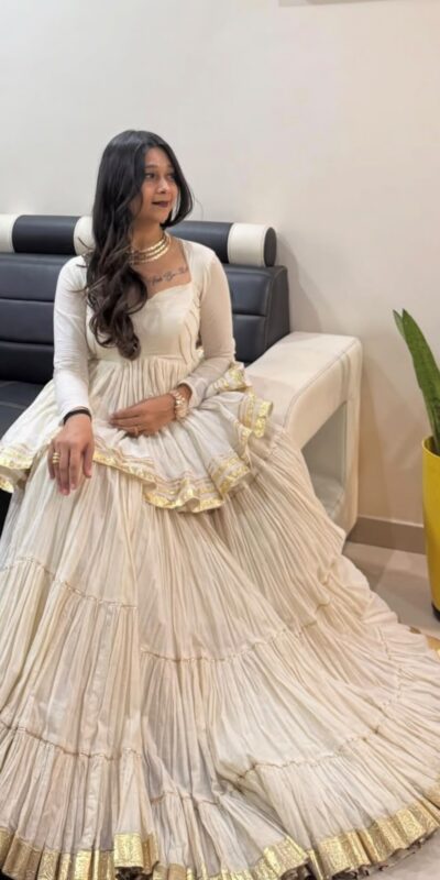 PC 586 White Color Pure Cotton Lehenga Choli with Cowrie Work. Festive Deal ₹2549. Delivery 4-6 Working Days. Online Shop now. | Lehenga, Bollywood Lehenga, Creative Lehenga, Designer Lehenga, Embroidered Lehenga, Party Wear Lehenga