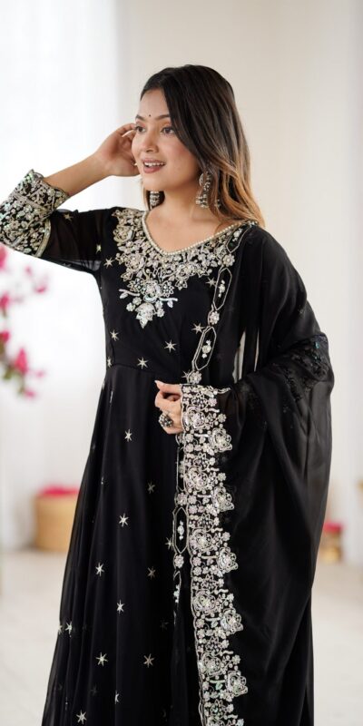 ZF 5012 Black Blooming Faux Gown with Embroidery Work. Wedding, Party, Festive, Events Grab it for ₹2149. Delivery 4-6 Working Days. Shop now. | Anarkali Suits, Bollywood Anarkali, Creative-Anarkali, Designer Anarkali, Embroidered Anarkali, Party Wear Anarkali