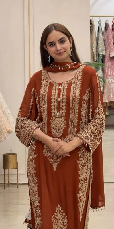 SR 1716 Rust Colour Faux Georgette Salwar Suit with Lace Work. Introductory Price ₹2449. Delivery 4-6 Working Days. Shop now. | Jump Suits, Salwar suit, Casual Suits, Creative suits, Designer Suits, Palazzo Suits, Party Wear Suits, Patiala Suits, Straight Suits