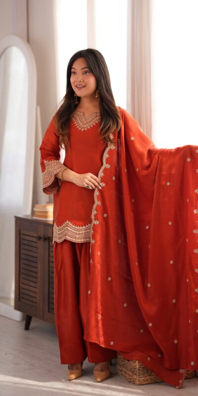 KB 307 Rust in Glass Roman Silk. Sequins Work & Embroidery Work Salwar Suit Festive Deal ₹1999. Delivery 4-6 Working Days. Shop now. | Jump Suits, Salwar suit, Casual Suits, Creative suits, Designer Suits, Palazzo Suits, Party Wear Suits, Patiala Suits, Straight Suits