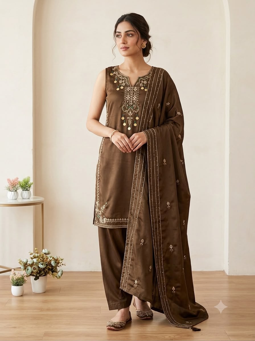 LG 2126 Brown Cos Moss Salwar Suit with Embroidery Work & Sequins Work. Affordable Price ₹2149. Delivery 4-6 Working Days. Shop now. | Jump Suits, Salwar suit, Casual Suits, Creative suits, Designer Suits, Palazzo Suits, Party Wear Suits, Patiala Suits, Straight Suits