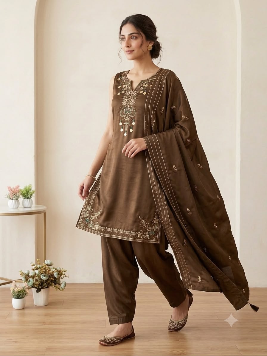 LG 2126 Brown Cos Moss Salwar Suit with Embroidery Work & Sequins Work. Affordable Price ₹2149. Delivery 4-6 Working Days. Shop now. | Jump Suits, Salwar suit, Casual Suits, Creative suits, Designer Suits, Palazzo Suits, Party Wear Suits, Patiala Suits, Straight Suits