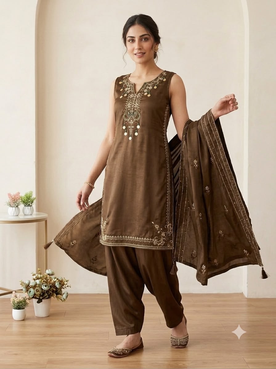 LG 2126 Brown Cos Moss Salwar Suit with Embroidery Work & Sequins Work. Affordable Price ₹2149. Delivery 4-6 Working Days. Shop now. | Jump Suits, Salwar suit, Casual Suits, Creative suits, Designer Suits, Palazzo Suits, Party Wear Suits, Patiala Suits, Straight Suits