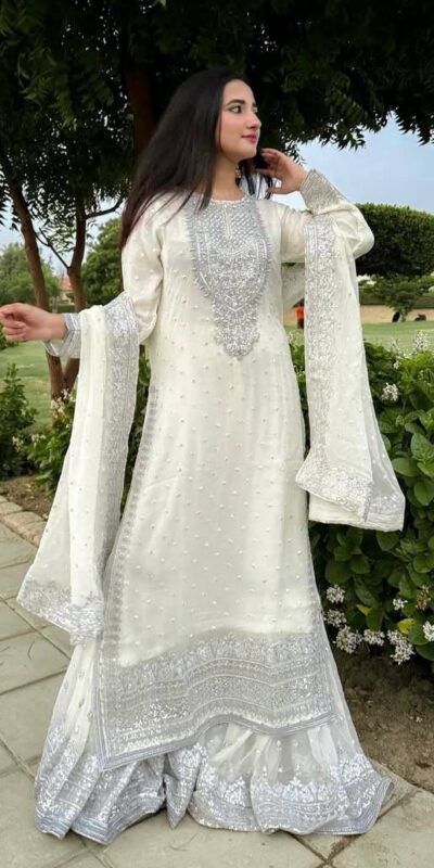 ZB 5064 White Faux Georgette Salwar Suit with Embroidery Work. Available at ₹2049 only. Delivery 4-6 Working Days. Shop now. | Jump Suits, Salwar suit, Casual Suits, Creative suits, Designer Suits, Palazzo Suits, Party Wear Suits, Patiala Suits, Straight Suits